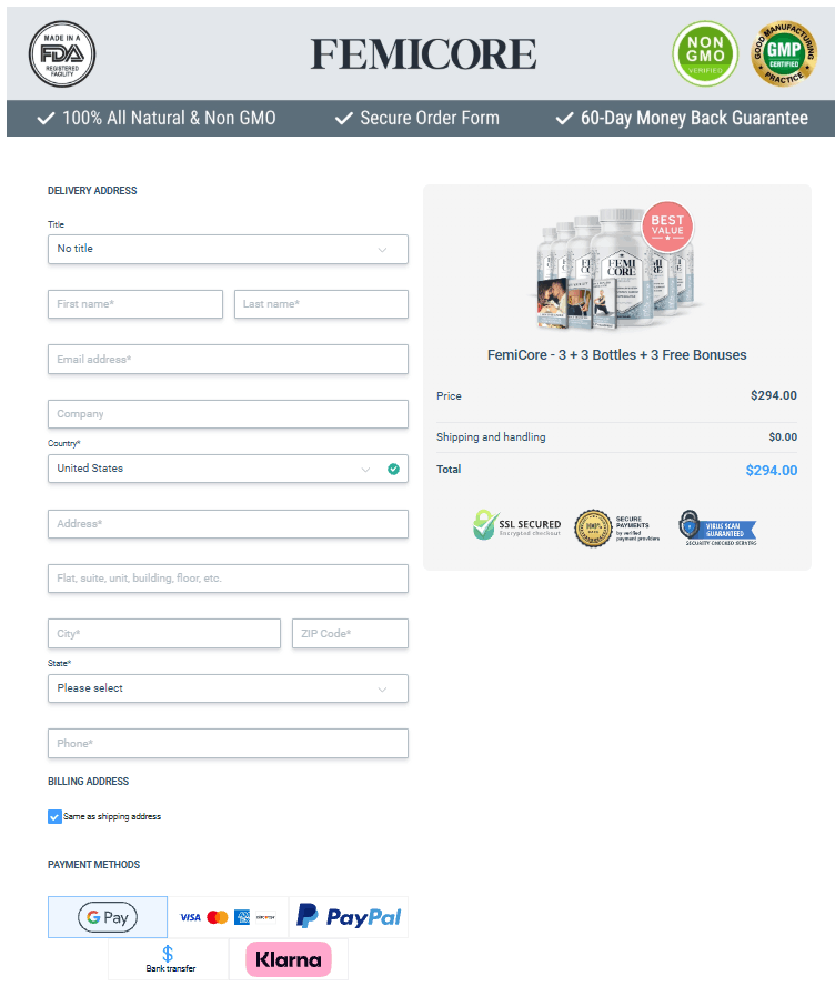 FemiCore checkout page